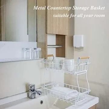 GTAGGEE 2 Tier Fruit Storage Basket for Kitchen Countertop, Bread and Vegetable Stand, Detachable Metal Rectangular Wire Basket, White