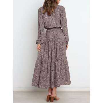 PRETTYGARDEN Women's Long Sleeve Floral Maxi Dress 2025 Casual Wrap V Neck Ruffle Tiered Chiffon Long Flowy Boho Dresses(Brown,Large)