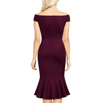 Knitee Women's Off Shoulder V-Neck Ruffle Pleat Waist Bodycon Evening Cocktail Dress in Burgundy