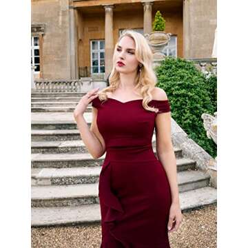Knitee Women's Off Shoulder V-Neck Ruffle Pleat Waist Bodycon Evening Cocktail Slit Formal Dress,Small,Burgundy