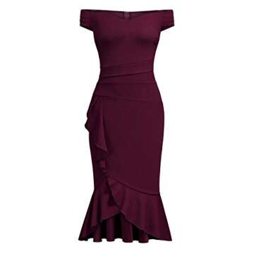 Knitee Women's Off Shoulder V-Neck Ruffle Pleat Waist Bodycon Evening Cocktail Slit Formal Dress,Small,Burgundy