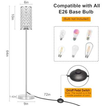 Crystal Floor Lamp, Modern Standing Lamp with Elegant Shade, LED Floor Lamp with On/Off Foot Switch Silver Finish Tall Pole Lamp Accent Lights for Living Room, Girl Bedroom, Dresser, Office (E26 Base)