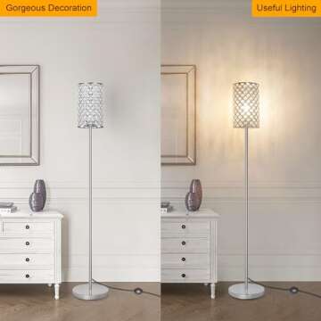 Crystal Floor Lamp, Modern Standing Lamp with Elegant Shade, LED Floor Lamp with On/Off Foot Switch Silver Finish Tall Pole Lamp Accent Lights for Living Room, Girl Bedroom, Dresser, Office (E26 Base)