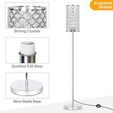 Crystal Floor Lamp, Modern Standing Lamp with Elegant Shade, LED Floor Lamp with On/Off Foot Switch Silver Finish Tall Pole Lamp Accent Lights for Living Room, Girl Bedroom, Dresser, Office (E26 Base)