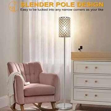 Crystal Floor Lamp, Modern Standing Lamp with Elegant Shade, LED Floor Lamp with On/Off Foot Switch Silver Finish Tall Pole Lamp Accent Lights for Living Room, Girl Bedroom, Dresser, Office (E26 Base)