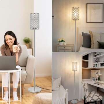Crystal Floor Lamp, Modern Standing Lamp with Elegant Shade, LED Floor Lamp with On/Off Foot Switch Silver Finish Tall Pole Lamp Accent Lights for Living Room, Girl Bedroom, Dresser, Office (E26 Base)