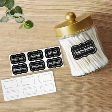 Amolliar Qtip Holder Dispenser - 8 oz Plastic Apothecary Jar Containers for Vanity Makeup Countertop Organizer Storage -Bathroom Canister Accessories Set for Cotton Swab, Ball, Pads, Floss-Gold (4)