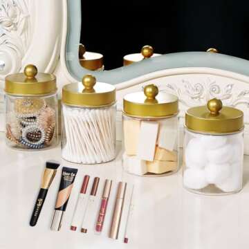 Amolliar Qtip Holder Dispenser - 8 oz Plastic Apothecary Jar Containers for Vanity Makeup Countertop Organizer Storage -Bathroom Canister Accessories Set for Cotton Swab, Ball, Pads, Floss-Gold (4)
