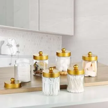 Amolliar Qtip Holder Dispenser - 8 oz Plastic Apothecary Jar Containers for Vanity Makeup Countertop Organizer Storage -Bathroom Canister Accessories Set for Cotton Swab, Ball, Pads, Floss-Gold (4)