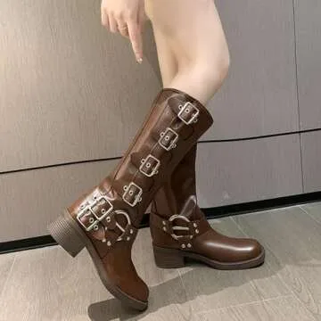 VARECOLA Women's Mid Calf Motorcycle Boots with Buckles