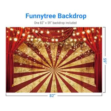 Funnytree 7x5ft Golden Glitter Red Curtain Halloween Photography Backdrop Circus Carnival Sparkle Stripes Background Baby Shower Birthday Party Portrait Cake Table Decor Banner Photo Booth Props