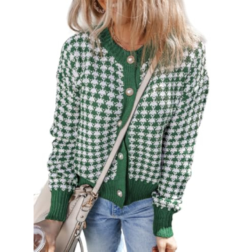 Dokotoo 2024 Women's V Neck Button Down Long Sleeve Plaid Cable Knit Cardigan Sweaters for Ladies Vi...