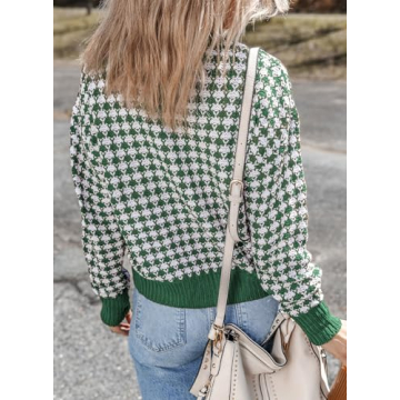 Dokotoo 2024 Women's V Neck Button Down Long Sleeve Plaid Cable Knit Cardigan Sweaters for Ladies Vintage Fall Color Block Cardigans Soft Lightweight Jacket Coats Large Green