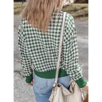 Dokotoo 2024 Women's V Neck Button Down Long Sleeve Plaid Cable Knit Cardigan Sweaters for Ladies Vintage Fall Color Block Cardigans Soft Lightweight Jacket Coats Large Green