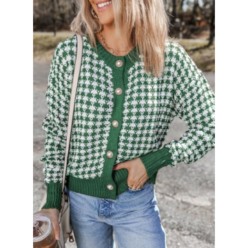 Dokotoo 2024 Women's V Neck Button Down Long Sleeve Plaid Cable Knit Cardigan Sweaters for Ladies Vintage Fall Color Block Cardigans Soft Lightweight Jacket Coats Large Green