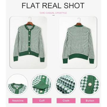 Dokotoo 2024 Women's V Neck Button Down Long Sleeve Plaid Cable Knit Cardigan Sweaters for Ladies Vintage Fall Color Block Cardigans Soft Lightweight Jacket Coats Large Green