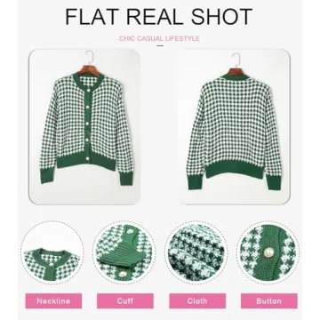 Dokotoo 2024 Women's V Neck Button Down Long Sleeve Plaid Cable Knit Cardigan Sweaters for Ladies Vintage Fall Color Block Cardigans Soft Lightweight Jacket Coats Large Green