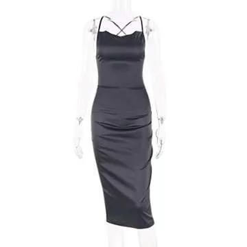 JUMISEE Women Neon Satin Sexy Bodycon Elegant Backless Long Midi Dress for Cocktail Party Clubwear (Black,X-Large)