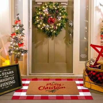 Christmas Red and White Plaid Rug - 28 x 43 Inches Outdoor Front Door Decor Mat Cotton Washable Hand...