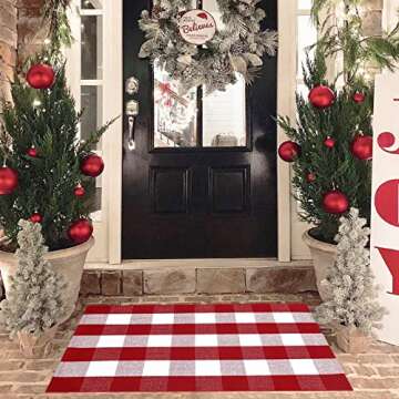 Christmas Red and White Plaid Rug - 28 x 43 Inches Outdoor Front Door Decor Mat Cotton Washable Hand-Woven Rug Christmas New Year Holiday Porch Entryway Layered Doormat