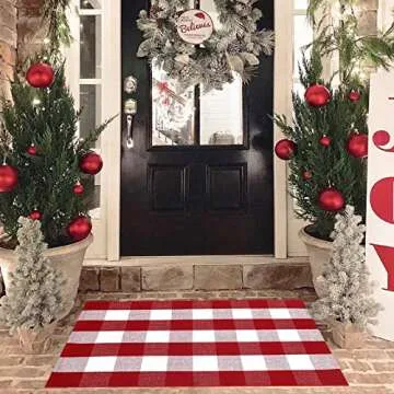 Christmas Red and White Plaid Rug - 28 x 43 Inches Outdoor Front Door Decor Mat Cotton Washable Hand-Woven Rug Christmas New Year Holiday Porch Entryway Layered Doormat