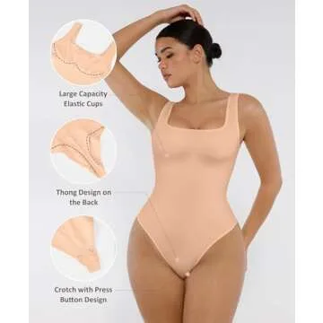 FeelinGirl Shapewear Bodysuit for Women Thong Body Shaper Comfortable Tank Tops Seamless Body Suits Nude M/L