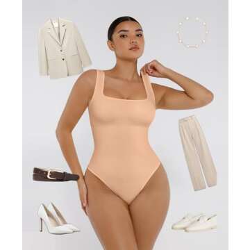 FeelinGirl Shapewear Bodysuit for Women Thong Body Shaper Comfortable Tank Tops Seamless Body Suits Nude M/L