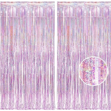 BRAVESHINE Pink Tinsel Foil Fringe Curtains - 2 Pcs 3.2x8.2 ft Metallic Holidays Photo Backdrop for ...