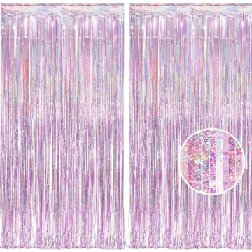 BRAVESHINE Pink Tinsel Foil Fringe Curtains - 2 Pcs 3.2x8.2 ft Metallic Holidays Photo Backdrop for ...