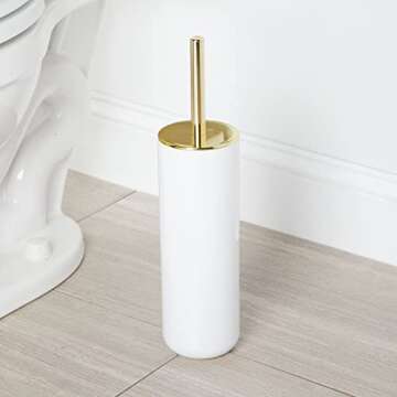 mDesign Compact Freestanding Plastic Toilet Bowl Brush and Holder for Bathroom Storage - Plastic and Stainless Steel - Sturdy, Deep Cleaning - White/Gold