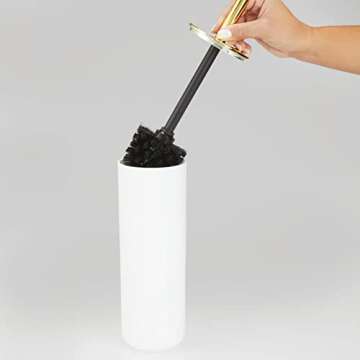 mDesign Compact Freestanding Plastic Toilet Bowl Brush and Holder for Bathroom Storage - Plastic and Stainless Steel - Sturdy, Deep Cleaning - White/Gold