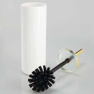 mDesign Compact Freestanding Plastic Toilet Bowl Brush and Holder for Bathroom Storage - Plastic and Stainless Steel - Sturdy, Deep Cleaning - White/Gold