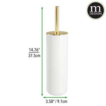 mDesign Compact Freestanding Plastic Toilet Bowl Brush and Holder for Bathroom Storage - Plastic and Stainless Steel - Sturdy, Deep Cleaning - White/Gold