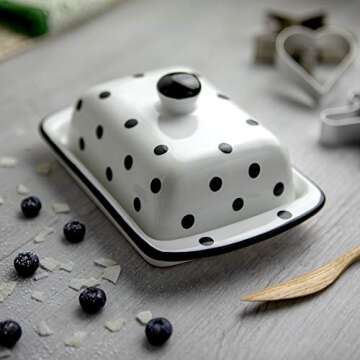 City to Cottage Large Butter Dish with Lid for Countertop, Ceramic Butter Keeper, Butter Container with Knob Handle, Butter Holder Tray with Cover, Handcrafted White and Black Polka Dot Butter Dish