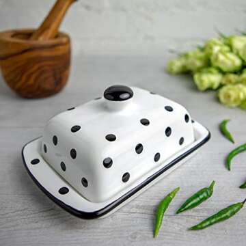City to Cottage Large Butter Dish with Lid for Countertop, Ceramic Butter Keeper, Butter Container with Knob Handle, Butter Holder Tray with Cover, Handcrafted White and Black Polka Dot Butter Dish