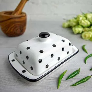 City to Cottage Large Butter Dish with Lid for Countertop, Ceramic Butter Keeper, Butter Container with Knob Handle, Butter Holder Tray with Cover, Handcrafted White and Black Polka Dot Butter Dish
