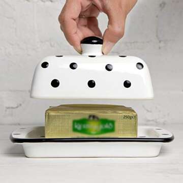 City to Cottage Large Butter Dish with Lid for Countertop, Ceramic Butter Keeper, Butter Container with Knob Handle, Butter Holder Tray with Cover, Handcrafted White and Black Polka Dot Butter Dish