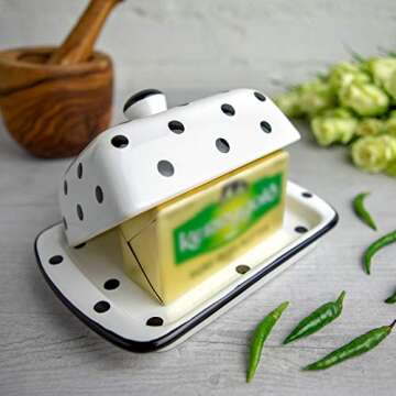 City to Cottage Large Butter Dish with Lid for Countertop, Ceramic Butter Keeper, Butter Container with Knob Handle, Butter Holder Tray with Cover, Handcrafted White and Black Polka Dot Butter Dish