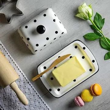 City to Cottage Large Butter Dish with Lid for Countertop, Ceramic Butter Keeper, Butter Container with Knob Handle, Butter Holder Tray with Cover, Handcrafted White and Black Polka Dot Butter Dish