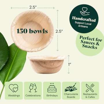 Chic Leaf 150 Pack Biodegradable and Disposable Palm Leaf Bowls 2.5" Round Deep for Charcuterie Boards, Parties, and Condiments
