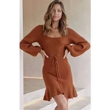 MASCOMODA Women's Fashion Lantern Long Sleeve Mini Sweater Dress Crewneck Back Cutout Slim Fit Solid A-line Knit Short Dress(Medium,Caramel)
