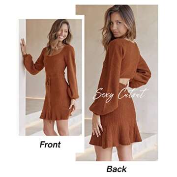MASCOMODA Women's Fashion Lantern Long Sleeve Mini Sweater Dress Crewneck Back Cutout Slim Fit Solid A-line Knit Short Dress(Medium,Caramel)