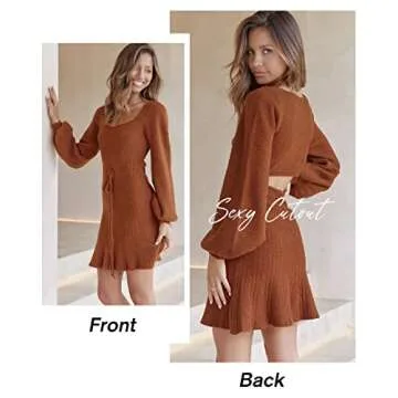 MASCOMODA Women's Fashion Lantern Long Sleeve Mini Sweater Dress Crewneck Back Cutout Slim Fit Solid A-line Knit Short Dress(Medium,Caramel)