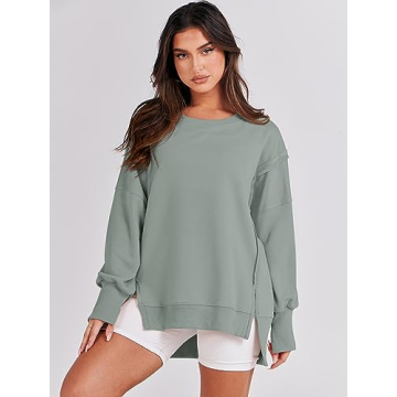 ANRABESS Women's Oversized Sweatshirt Crew Neck Long Sleeve Casual Slit Pullover Top Fall 2024 Teen Girl Preppy Clothes Light Green L