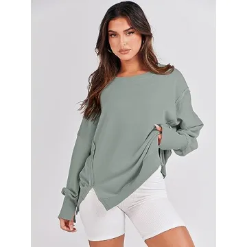 ANRABESS Women's Oversized Sweatshirt Crew Neck Long Sleeve Casual Slit Pullover Top Fall 2024 Teen Girl Preppy Clothes Light Green L