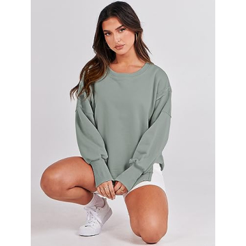 ANRABESS Women's Oversized Sweatshirt Crew Neck Long Sleeve Casual Slit Pullover Top Fall 2024 Teen Girl Preppy Clothes Light Green L