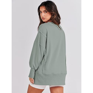 ANRABESS Women's Oversized Sweatshirt Crew Neck Long Sleeve Casual Slit Pullover Top Fall 2024 Teen Girl Preppy Clothes Light Green L