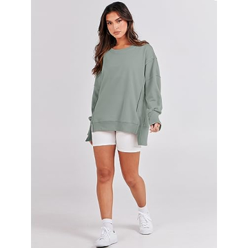 ANRABESS Women's Oversized Sweatshirt Crew Neck Long Sleeve Casual Slit Pullover Top Fall 2024 Teen Girl Preppy Clothes Light Green L
