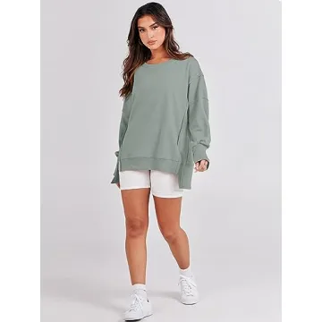 ANRABESS Women's Oversized Sweatshirt Crew Neck Long Sleeve Casual Slit Pullover Top Fall 2024 Teen Girl Preppy Clothes Light Green L