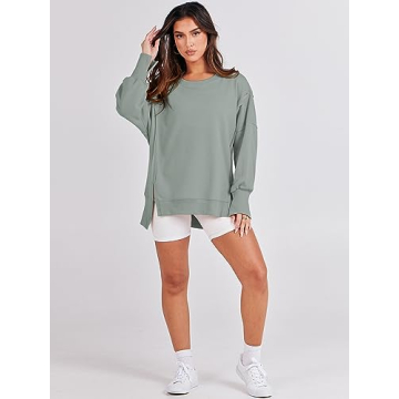 ANRABESS Women's Oversized Sweatshirt Crew Neck Long Sleeve Casual Slit Pullover Top Fall 2024 Teen Girl Preppy Clothes Light Green L